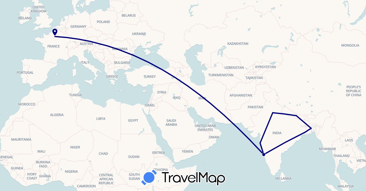 TravelMap itinerary: driving in Bangladesh, France, India, Nepal (Asia, Europe)